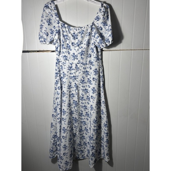 Floral Midi Dress Womens Medium Blue White Puff Sleeve Cottagecore Boho Summer - Picture 5 of 5